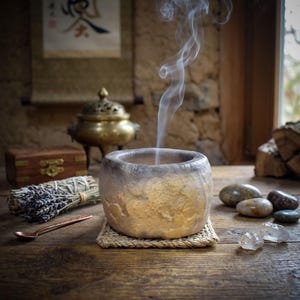 May include: A round, textured ceramic incense burner with a gradient finish transitioning from dark gray at the top to a golden, mottled base. A thin, vertical trail of white smoke rises from the center of the bowl, which sits on a woven mat.