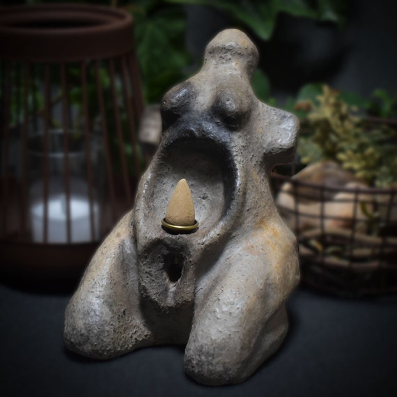 Handmade female clay statue - refined in smoke firing - fertility goddess with backflow incense cone holder