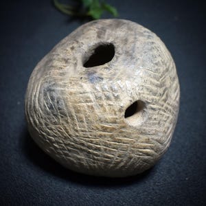 Könnte beinhalten: Ein verwittertes, ovales Steinobjekt mit zwei kreisförmigen Löchern. Der Stein hat eine hellbeige Farbe mit dunkleren Bereichen und geätzten linearen Mustern auf der Oberfläche. Das Objekt scheint handgeschnitzt zu sein.