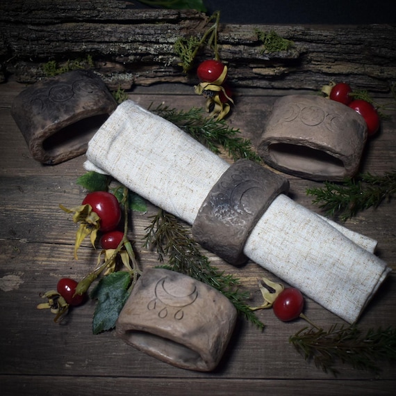 Rustic napkin rings in a set of 4 – Traditionally fired clay with symbols of the Great Goddess and Wicca Blessing - Item No.: SRT001