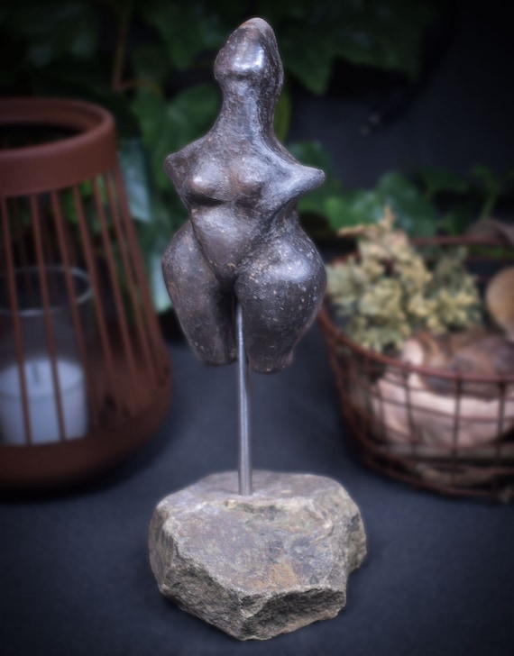 Unique clay sculpture on stele - Matriarchal goddess - Handmade ceramic art - finished in smoke firing