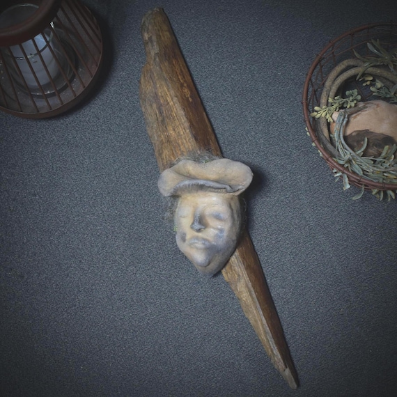 Female forest spirit in tree mushroom shape – clay sculpture on wood with wall mount – traditional smoke-fired art – Item No.: HEX011