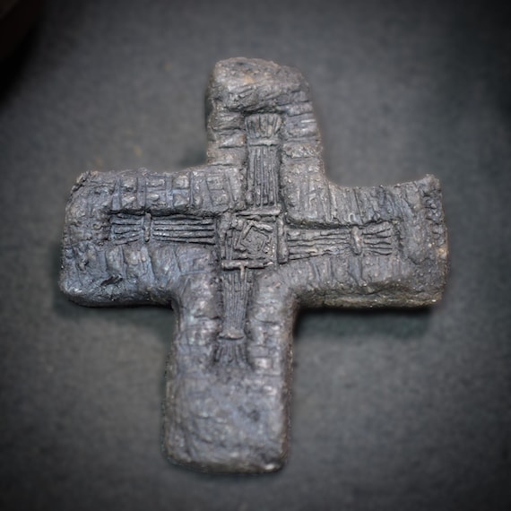 Handcrafted Brigid's Cross made from traditionally fired clay - Celtic smoke-fired art for your altar - Item No.: SKU008