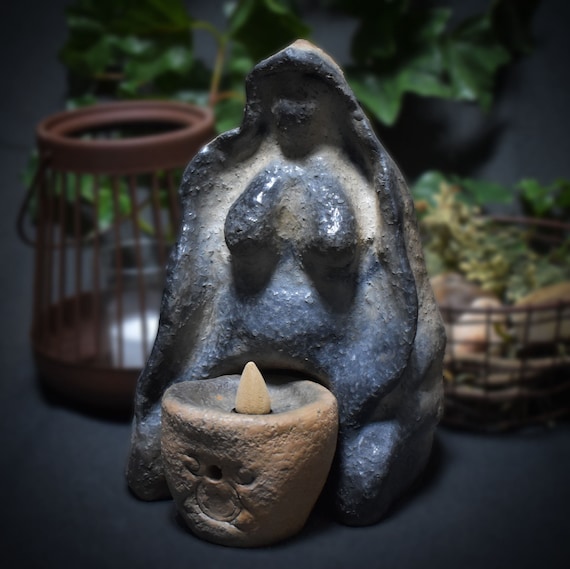 Backflow incense cone holder Goddess - Mystical fertility figure made of clay - refined in smoke firing