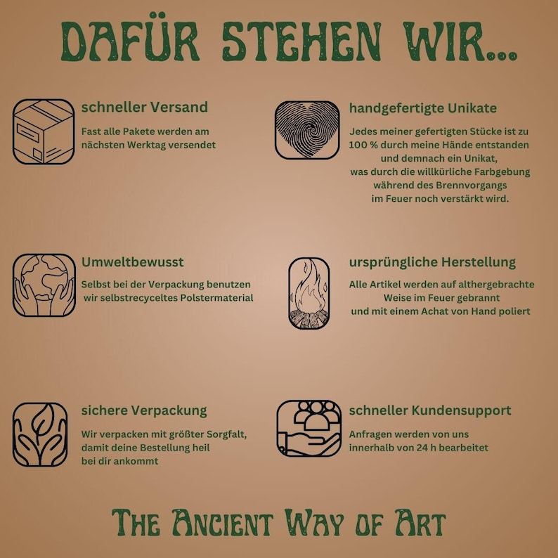 May include: An informational graphic on a tan background with the title DAF&Uuml;R STEHEN WIR and THE ANCIENT WAY OF ART. It features six black line-art icons representing shipping, handmade items, environmental consciousness, fire firing, packaging, and support.