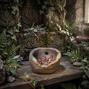 May include: A small, rounded, tan stone bowl with a rough, textured exterior and a single circular hole near the rim. The interior of the bowl contains a mixture of dried flower petals, including red rose petals, and small herbal fragments.