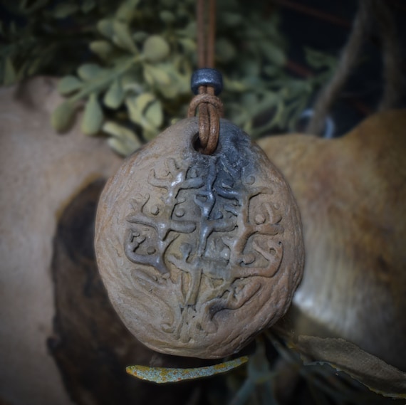 Unique smoke burn amulet talisman - Tree of Gaia - Handcrafted lucky charm made of clay with leather or cotton strap
