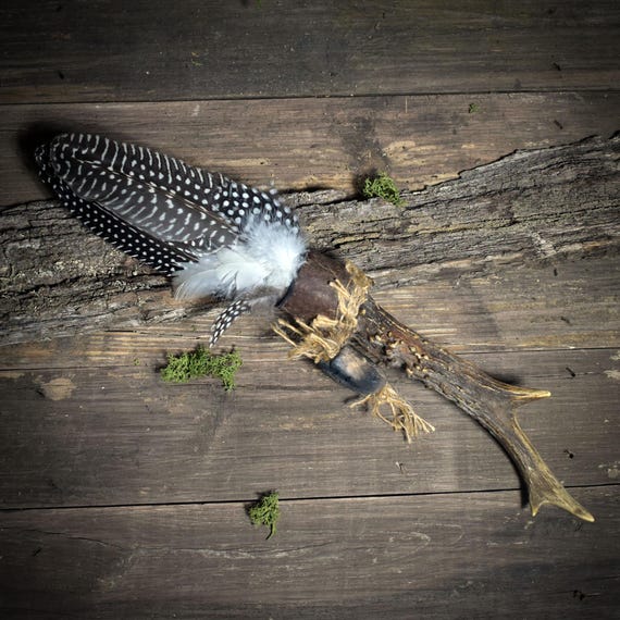 Your shamanic incense feather with antler handle - Guardian of the smoke - spiritual cleansing, ceremony, ritual tool - Item No.: RÄF006