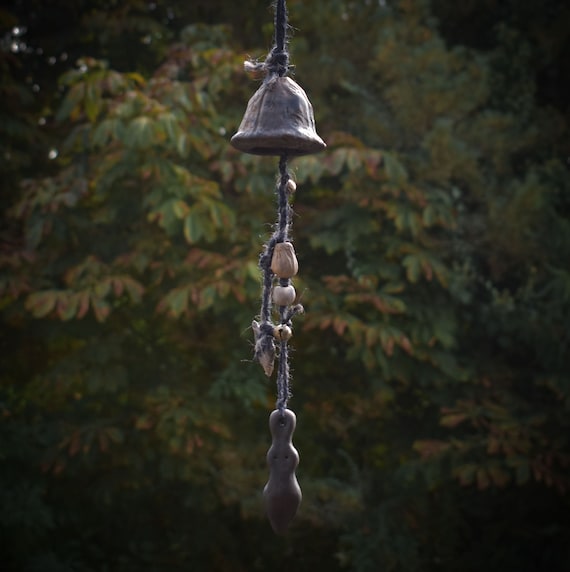 Handmade Smoke Burn Witch Bell with Goddess Figure – Rustic Ceramic Bell for Wicca & Spiritual Door Decoration