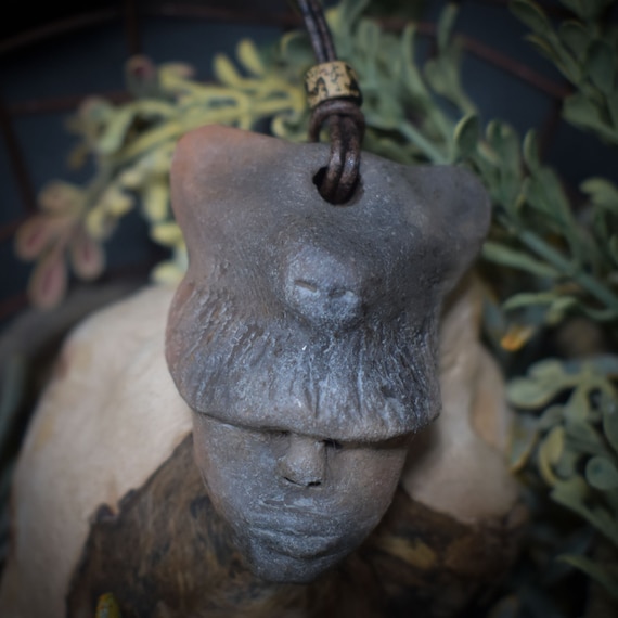 Traditional clay talisman: Shaman with bear mask - smoke burning art as a spiritual lucky charm with leather or cotton band
