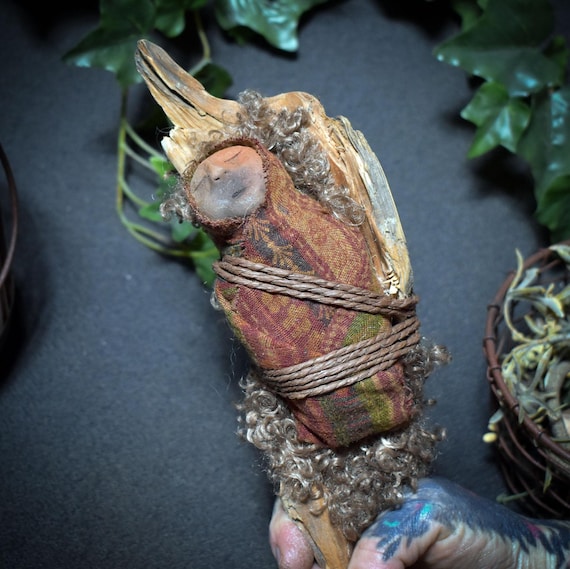 Spirit Doll – Mourning Doll or Altar Doll, Swaddled Baby on Root Wood, Traditional Smoke-Fired Art - Item No.: SDO015