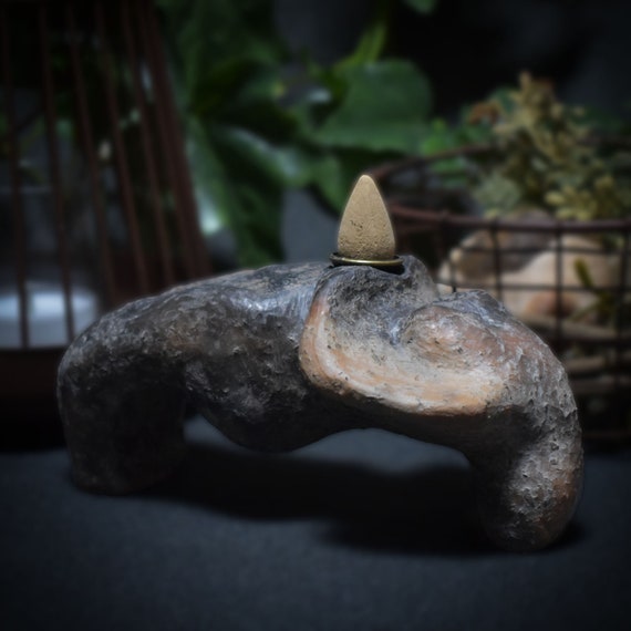 Backflow incense cone holder Yoga Bridge Setu Bandhasana statue made of clay - gift for yogis - smoke-fired colored