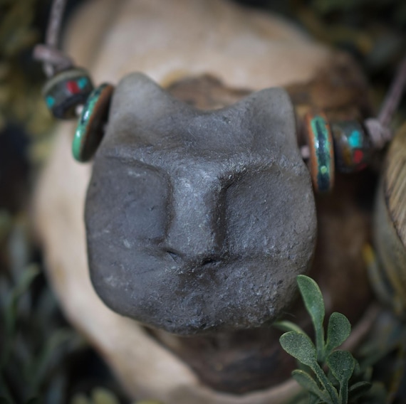 Unique cat talisman: handmade clay smoke burn pendant with leather or cotton cord