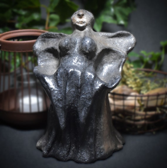 Mystical Dark Angel Figurine - Rustic Clay Statue for Spiritual Spaces - Smoke-Fired