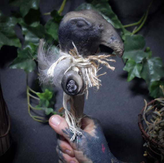 Ritual staff “Clarity” – eagle head made of clay with rock crystal, jute and swan feathers - Item no.: RST035