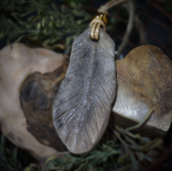 Unique handmade pendant - clay feather with leather or cotton cord | Smoke fire amulet