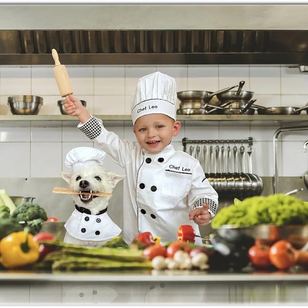 Veste de chef personnalisée avec chapeau pour enfants | Déguisement d'Halloween | Chapeau de chef pour enfants | Veste de chef brodée