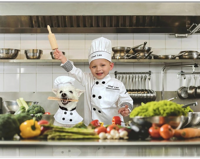 Personalized Kids Chef Jacket with Hat | Halloween Play Costume | Kids Chef Coat Hat | Embroidered Chef Jacket