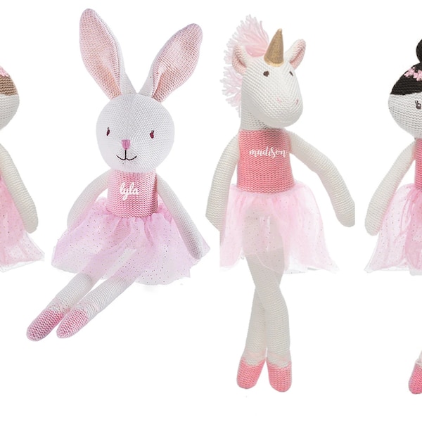 Ballerines personnalisées de poupée en peluche tricotée - Lapin, Licorne ou Ballerine avec le nom de votre enfant
