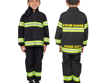 May include: A black firefighter costume set consisting of a jacket and pants. The jacket features horizontal neon yellow reflective stripes on the sleeves and torso. The back of the jacket displays the yellow text YOUR NAME and YOUR CITY.