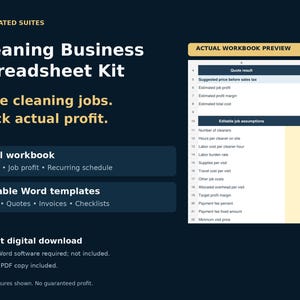 May include: A digital cleaning business spreadsheet kit featuring an Excel workbook for pricing and profit tracking, plus editable Word templates for intake, quotes, invoices, and checklists. Includes a preview of a quote result workbook.