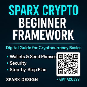 May include: A digital guide titled "SPARX CRYPTO BEGINNER FRAMEWORK" with a dark blue background. The guide covers cryptocurrency basics, including wallets, security, and a step-by-step plan. A QR code and the text "+ GPT ACCESS" are also present.