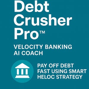 May include: A teal graphic with white text that reads "Debt Crusher Pro" and "Velocity Banking AI Coach." Below is a circular icon with a building and text that says "Pay off debt fast using smart HELOC strategy."