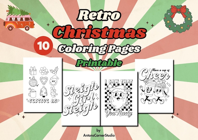 Retro Christmas Coloring Pages 10 Printable Pages PDF Digital Download retro-christmas-coloring-pages-10-printable-pages-pdf-digital-download