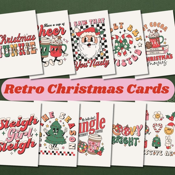 Retro Christmas Cards Printable Pack for Greetings and Invitation | 10 Festive Thank You Cards | Holiday Groovy Vibes | digital download