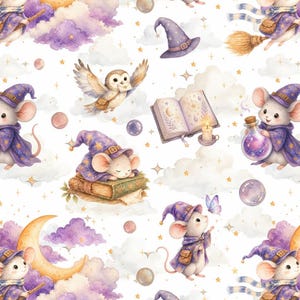 May include: A repeating pattern featuring watercolor illustrations of mice wearing purple star-patterned wizard hats and cloaks, flying on broomsticks, sleeping on books, and holding potion bottles, alongside an owl, a spellbook, and clouds.