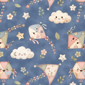 May include: A seamless pattern on a dusty blue background featuring illustrated kites with smiling faces, soft pink and cream checkered patches, bows, and floral accents, interspersed with smiling clouds, stars, and small green leaves.