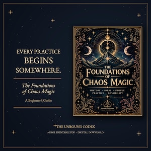 May include: A digital printable PDF titled The Foundations of Chaos Magic, featuring a dark blue cover with gold celestial illustrations, mountain peaks, and moon phases. The text reads Every Practice Begins Somewhere and Unbound Codex.