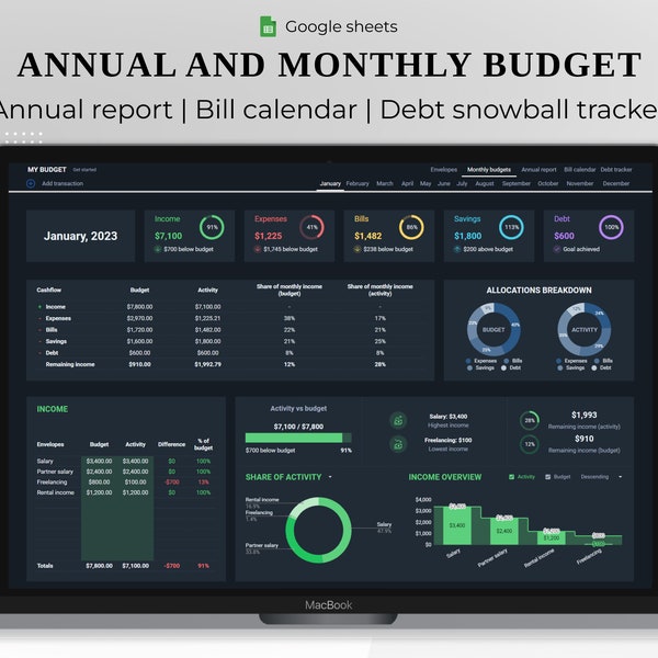 Annual & Monthly Budget Planner, Google Sheet Spreadsheet, Personal Finance, Expenses, Bills, Savings, Debt Payoff Tracker, Digital Template