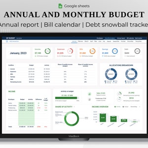 Annual & Monthly Budget Planner, Google Sheet Spreadsheet, Personal Finance, Expenses, Bills, Savings, Debt Payoff Tracker, Digital Template