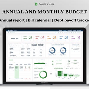 Pianificatore di budget annuale e mensile, foglio di calcolo Google, finanza personale, spese, bollette, risparmi, monitoraggio del rimborso dei debiti, modello digitale