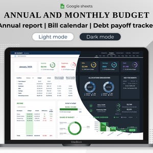Jaarlijkse en maandelijkse budgetplanner, Google Spreadsheet, persoonlijke financiën, onkosten, rekeningen, spaargelden, tracker voor schuldaflossing, digitale sjabloon