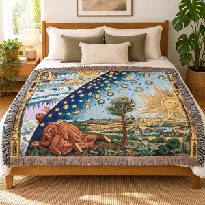 Cosmic Entry 100% Cotton Woven Blanket, Esoteric Wisdom Enlightenment Sun Face Celestial Matrix, Flammarion Engraving