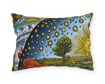 Cosmic Entry Outdoor Pillow, Esoteric Wisdom Enlightenment Sun Face Moon Stars Vintage Celestial Matrix, Flammarion Engraving Print