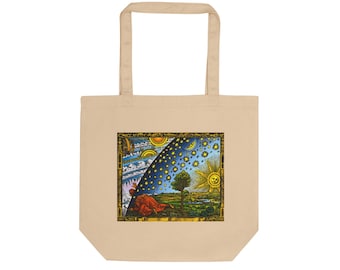 Cosmic Entry Organic Cotton Tote, Esoteric Wisdom Enlightenment Sun Face Stars Moon Vintage Celestial Matrix, Flammarion Engraving Print