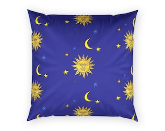 Sonne Mond Sterne Samtkissen mit Einsatz in vier Größen, Galaxy Whimsigoth Vintage 1990er Jahre Libbey Celestial Inspiriert Print