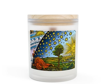 Flammarion Engraving Celestial Spell Scented Soy Candle Frosted Glass 11oz, Sun Face Stars Moon Matrix Art