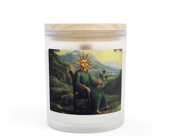 Alchemy Spell Scented Soy Candle Frosted Glass 11oz, The Alchemist Who Has Achieved Illumination, Vintage Celestial Sun Face Magic