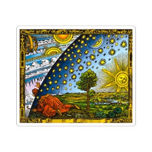 May include: A rectangular sticker featuring the Flammarion engraving, depicting a person in a red robe peering through the edge of the sky to reveal a celestial landscape of golden stars, a sun with a face, and a tree in a green field.