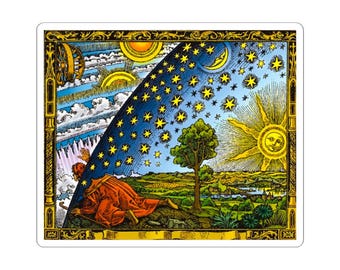 Cosmic Entry Sticker Four Sizes, Esoteric Wisdom Enlightenment Sun Face Moon Stars Celestial Matrix, Flammarion Engraving