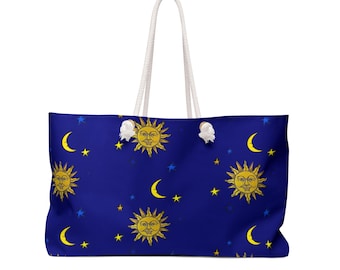 Torba plażowa Sun Moon Stars Weekender 24" x 13", Galaxy Whimsigoth Vintage 1990s Libbey Celestial Inspired Print