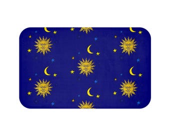 Sun Moon Stars Bath Mat, Memory Foam Two Sizes Anti-Slip,  Galaxy Whimsigoth Vintage 1990s Libbey Celestial Inspired Print