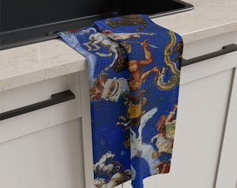 Paño de cocina con diseño de constelaciones, arte italiano del Alto Renacimiento y astrología celestial.