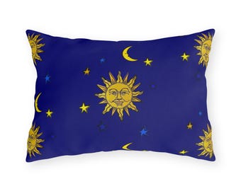 Sun Moon Stars Outdoor Pillow Two Sizes, Front and Back Print, Galaxy Whimsigoth Vintage 1990s Libbey Celestial Inspired Print