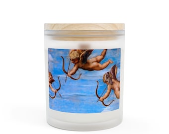 Candela profumata Cherub Love Spell in vetro satinato da 11 oz, Raffaello, arte divina angelica celestiale dell'Alto Rinascimento italiano.
