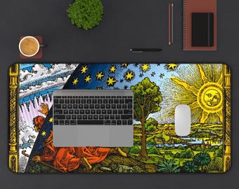 Cosmic Entry Desk Mat, Nonslip Three Sizes, Esoteric Enlightenment Sun Face Stars Moon Vintage Celestial Matrix, Flammarion Engraving Print